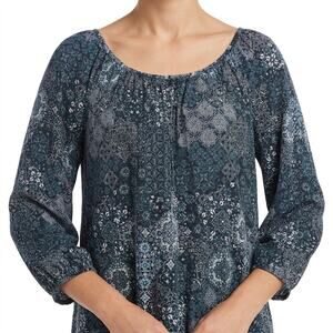 Michael Kors Blue Paisley Floral Scoop Neck Bracelet Sleeve Blouse Top size L